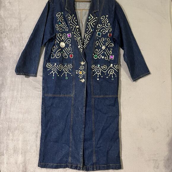 Vtg Embellished Denim Long Duster Jacket Gaudy Bejeweled Coat Women M* Heavy - Picture 2 of 12